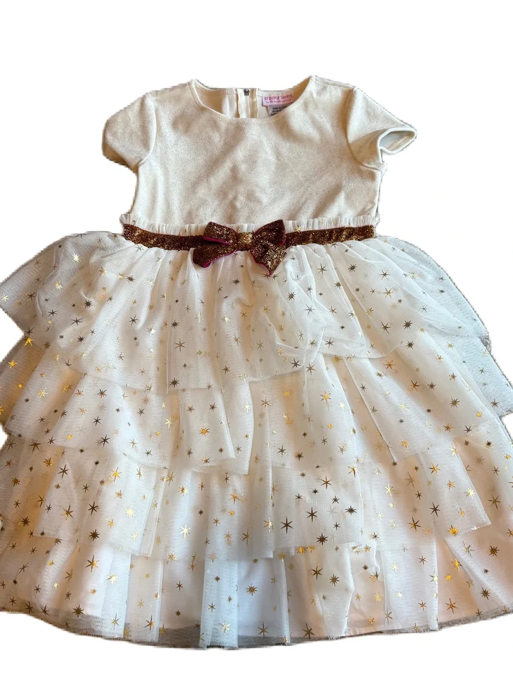American Girl Bitty Baby Tiered Tulle Dress with Gold Star Print Gold Bow Sz 7